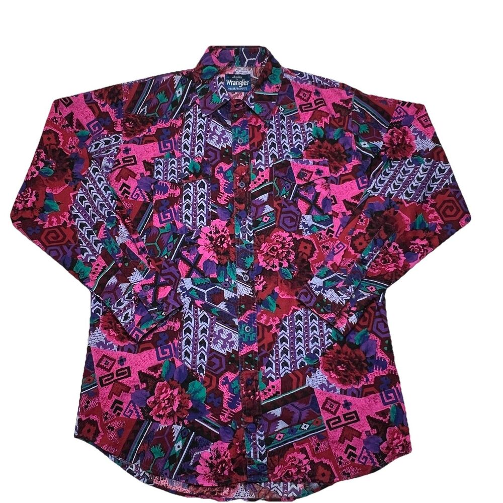 Vintage Wrangler Vibrant Western Cowboy Aztec Shirt Mens Large 16-5 Pink Cowboy